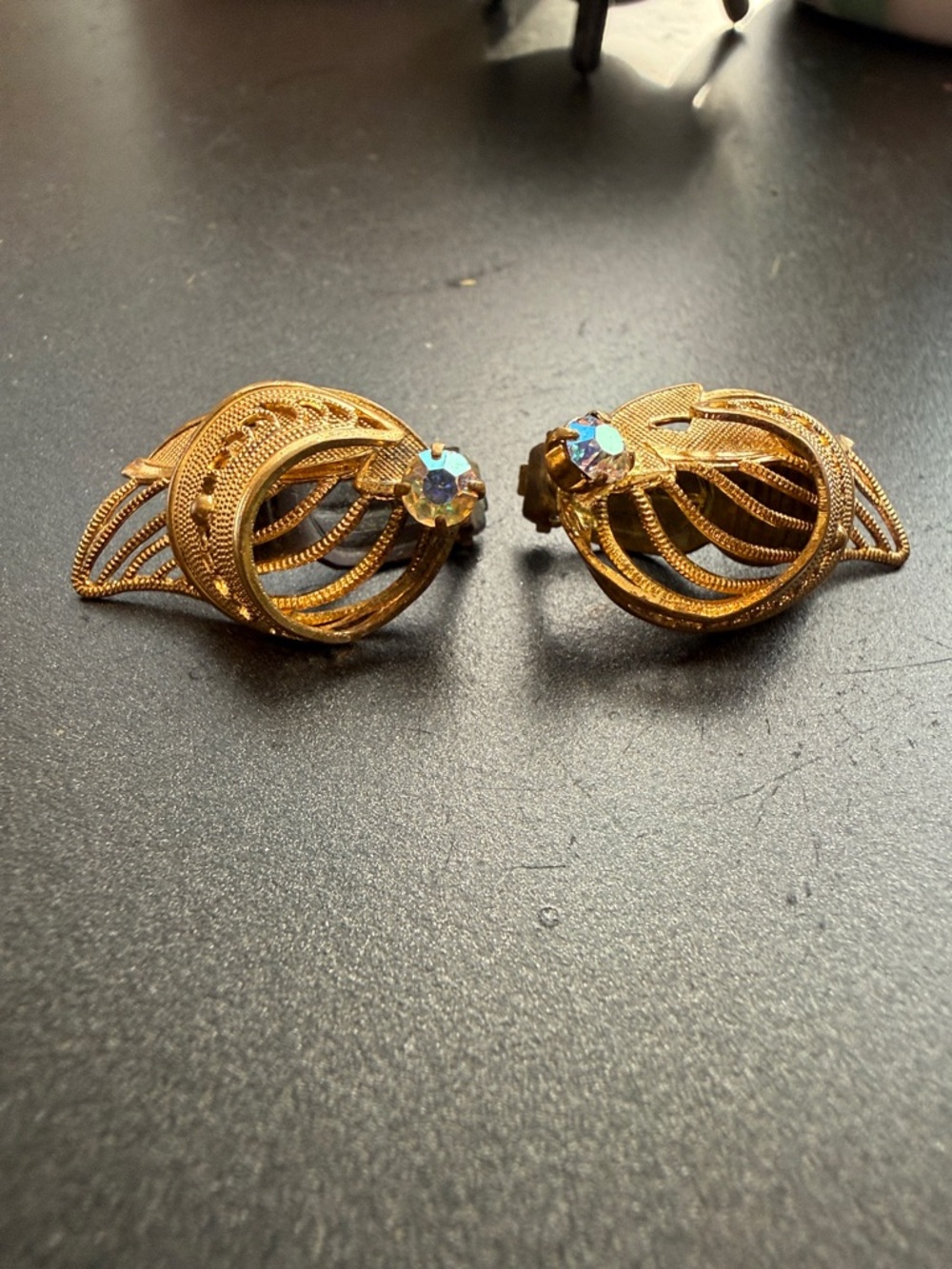 Vintage Germany Gold-Tone Clip-On Earrings with Rhinestone
